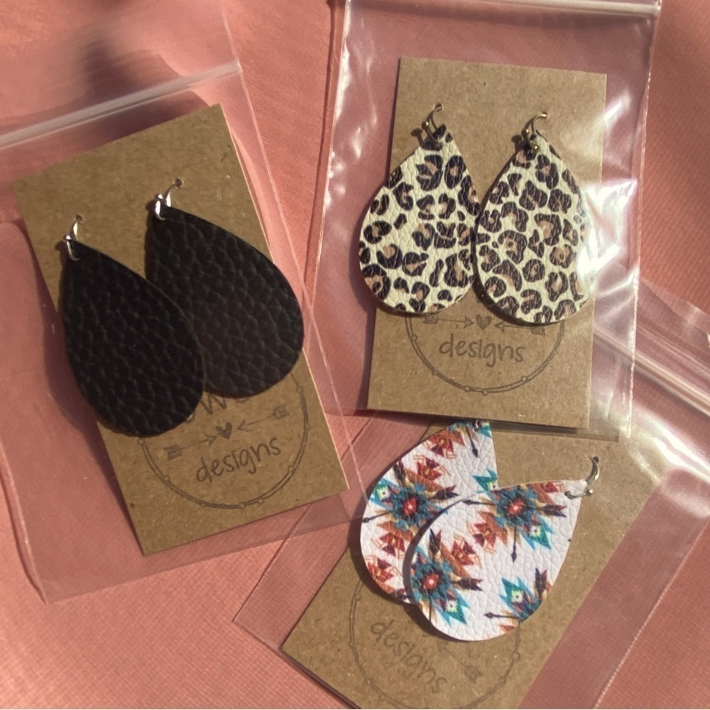 3‎ Pairs Faux Leather Teardrop Earrings Handmade Lightweight Black Cheetah Aztec
